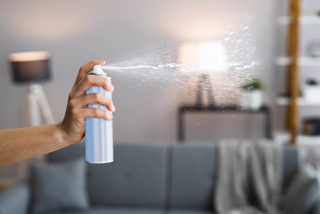 hand spraying air freshener in living room