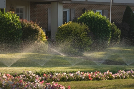 sprinklers watering lawn and garden border