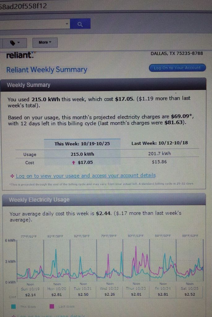 Reliant electric bill screenshot